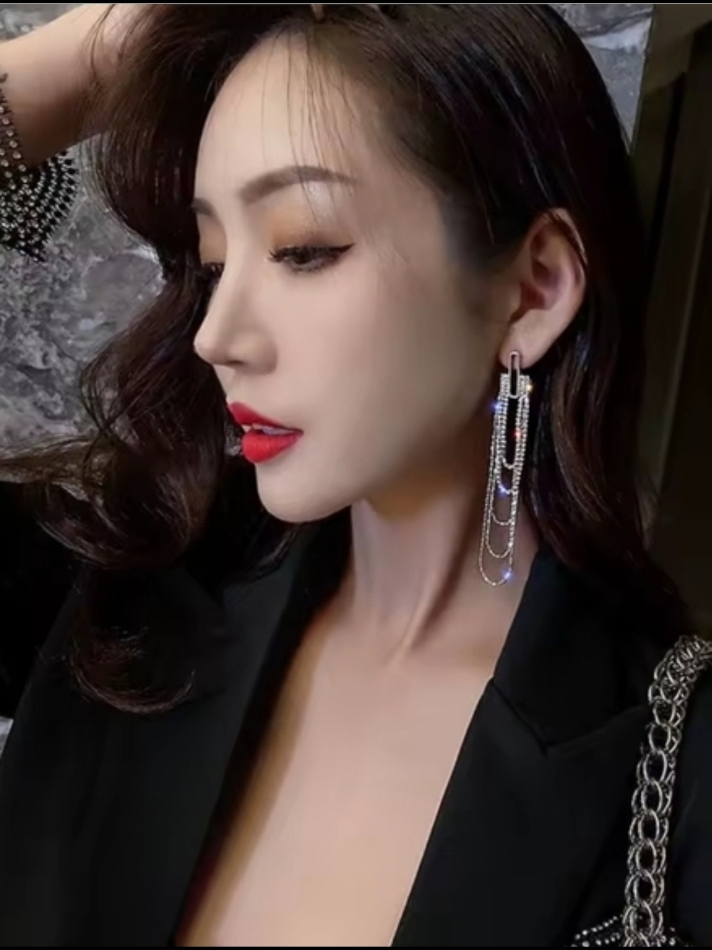 Silver Multi-Strand Crystal Drop Earrings with Colored Accents - Picture 3 of 3